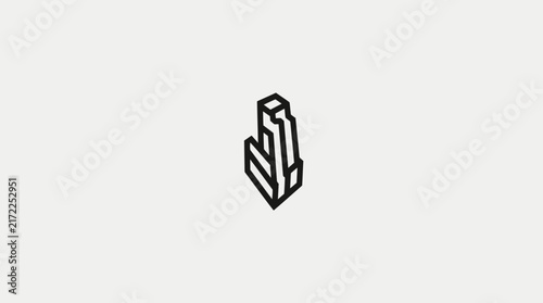 Black 3D geometric crystal or tower icon.