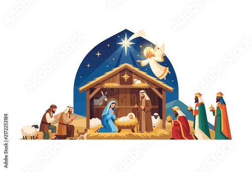 Nativity scene illustration depicts the birth of Jesus with shepherds and wise men