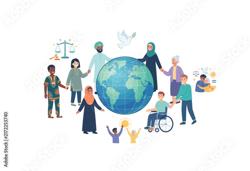 Diverse people holding hands around a globe a colorful vector illustration