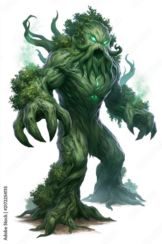 Fototapeta premium large creature with a body resembling trees and plants stands in a dense forest. Its eyes glow, and it has long, claw-like hands