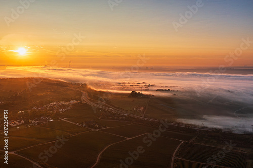 A breathtakingly beautiful sunrise from a bird's-eye view, with vineyards in the foreground and the Rhine shrouded in mist.