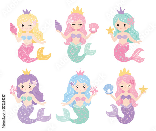 Cute mermaid princess illustration set featuring six colorful cartoon characters with crowns, seashells, starfish, coral and flowing tails, isolated on a white background for kids’ designs. and crafts