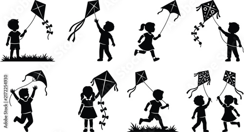 Cuadro en lienzo Collection of black silhouettes of children playing with kites on a white backgr