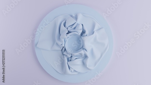 Quadro su tela Top view 3D render of round podium with draped silk blue fabric on light backgro