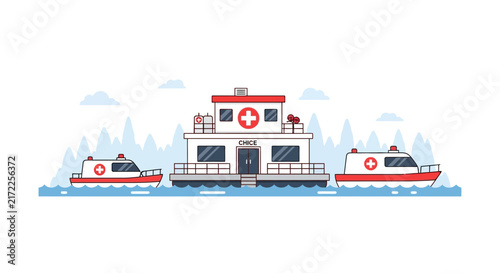 Medical Hospital Boat and Rescue Clinic Floating on Water Vector Illustration
