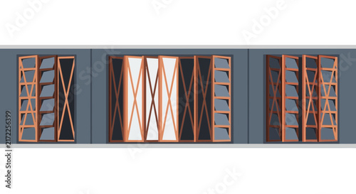 Minimalist Architectural Window Set with Wooden Shutters on Grey Wall