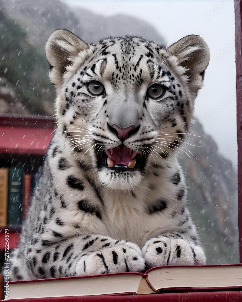 Obraz premium A snow leopard cub in an ominous bookstore