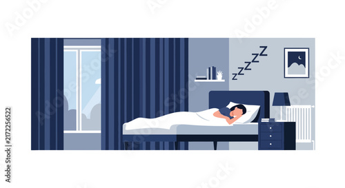 Flat Illustration of a Woman Sleeping Peacefully in a Modern Bedroom at Night
