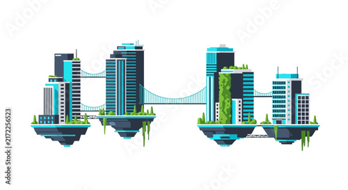 Futuristic Eco-Friendly Smart City with Skyscrapers on Floating Islands