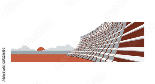 Minimalist Modern Architecture Illustration with Curved Facade and Desert Sunset