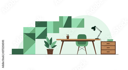 Modern Minimalist Green Home Office Workspace Illustration