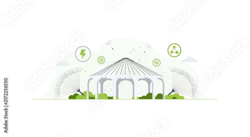 Eco-Friendly Sustainable Architecture Pavilion with Green Energy Icons and Nature Motif