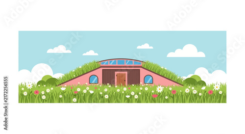 Modern Sustainable Earth House Illustration with Green Roof and Flowery Meadow