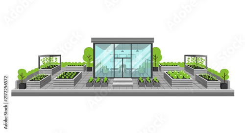 Modern Rooftop Garden with Glass Office Building and Urban Farming Planters