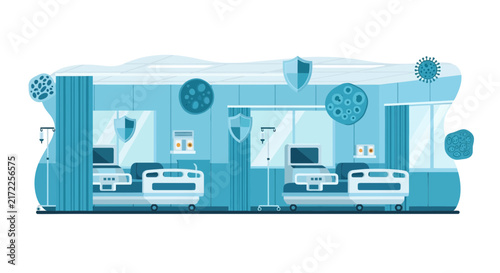 Modern Hospital ICU Ward Vector Illustration with Medical Beds, Virus Protection Shields and Bacteria Symbols