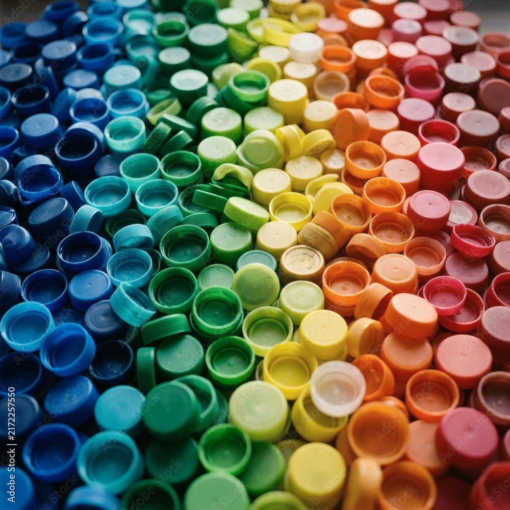Naklejka premium Colorful Plastic Bottle Caps Arranged in Rainbow Gradient for Recycling