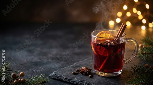 Steaming Glass of Hot Mulled Wine with Star Anise on Dark Slate with Bokeh Lights