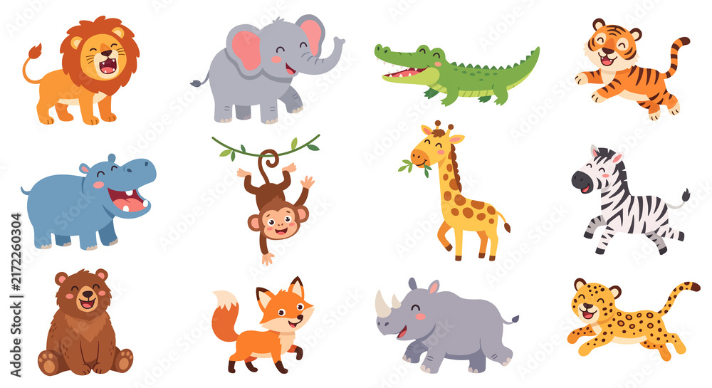 Naklejka premium Cute cartoon wild animals set. Kawaii jungle, forest and savannah zoo characters illustrations clipart collection.