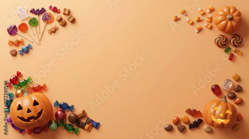 Halloween candy and jack-o'-lantern quadrant border on peach background