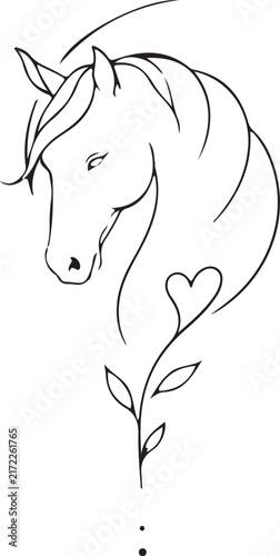 Elegant horse head silhouette with floral heart design minimalist line art illustration for branding and tattoo concepts isolated on white