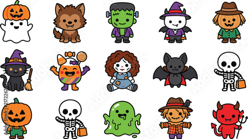 Cute Halloween characters set cartoon vector elements