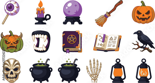 Cute Halloween magic icons set cartoon vector elements