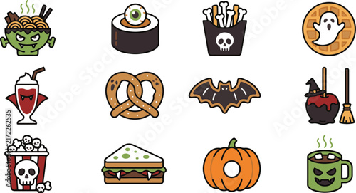 Cute Halloween food icons set cartoon vector elements
