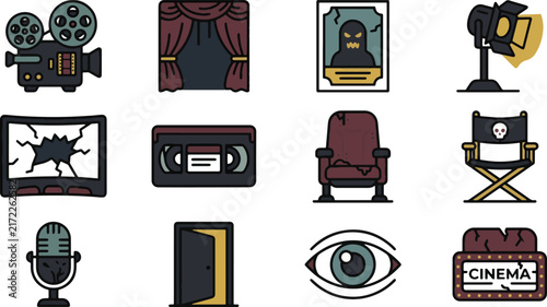 Horror movie icons set vector illustration of cinema, film production, and thriller elements