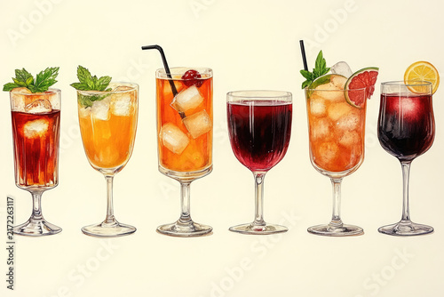 Contemporary Art Depicting Diverse Drinks in Glassware