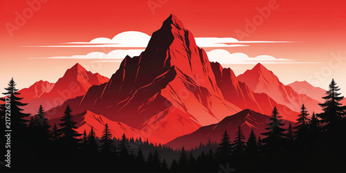 Stylized Red Mountain Landscape with Silhouette Pine Forest and Cloudy Sky Vector Illustration