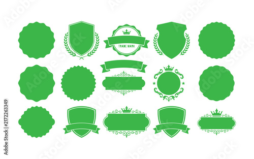 Set of green heraldic shields, vintage frames, and badge labels
