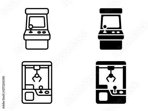 Vintage arcade game and claw crane icons set with entertainment
