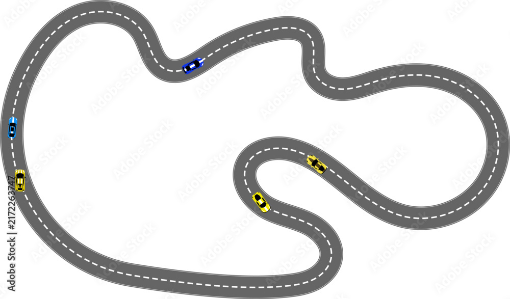 Fototapeta premium Race road with sports car. Racing track top view. Asphalt curved road view. Game UI design. Vector illustration concept.
