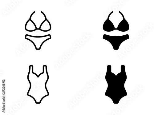 Картината върху платно Bikini and swimsuit summer beachwear vector icons with swimsuit