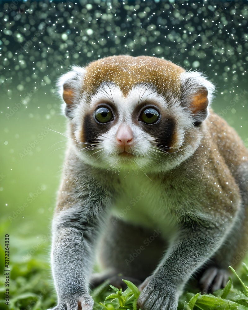 Obraz premium A glimmer green pygmy slow loris in a cosmic dust field