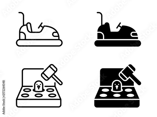 Bild auf Leinwand Amusement park bumper car and whack a mole game vector icons with amusement