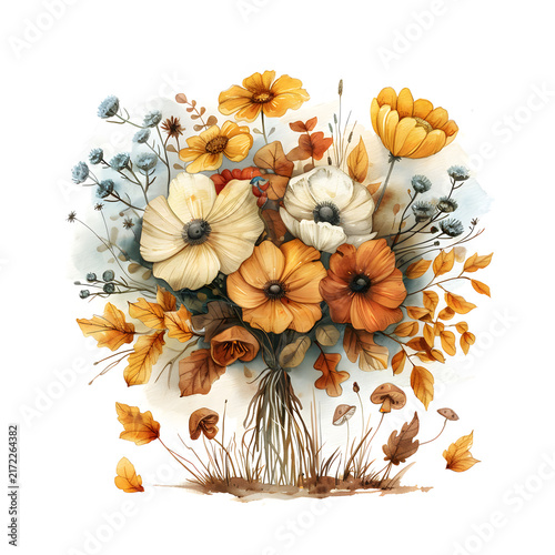 Orange and cream autumn wildflower bouquet with oak leaves, dried seed heads and mushrooms, watercolor botanical arrangement on a white background