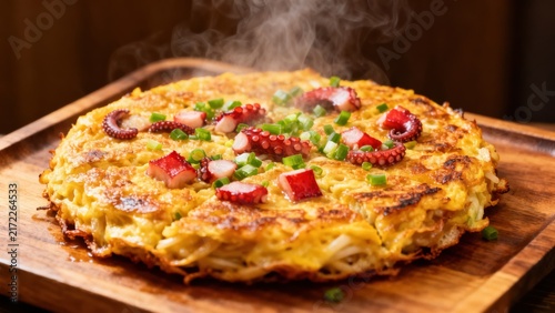 A savory Japanese savory pancake, Osaka-style okonomiyaki, generously layered with cabbage, pork belly, squid, and shrimp, topped with tangy okonomiyaki sauce, creamy mayonnaise, dried bonito flakes, 