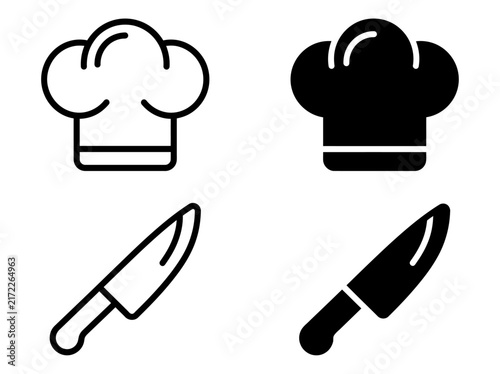 Black and white vector icons of chef hats and kitchen knives in outline