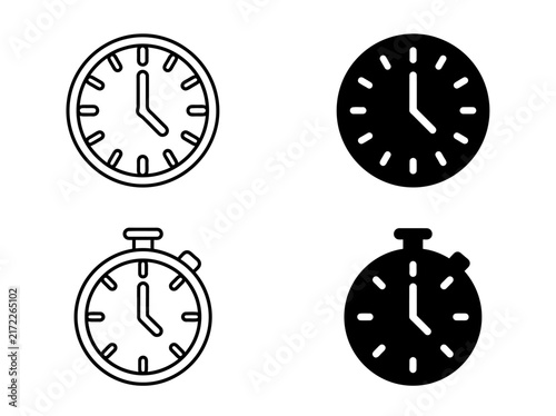 Round wall clock and stopwatch timer icons in outline and solid styles
