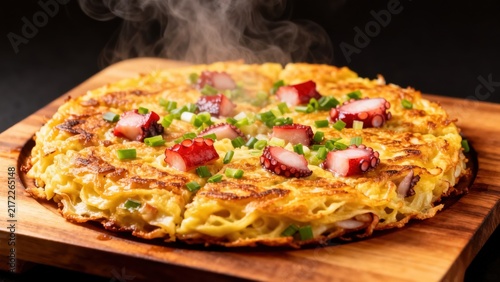 A savory Japanese savory pancake, Osaka-style okonomiyaki, generously layered with cabbage, pork belly, squid, and shrimp, topped with tangy okonomiyaki sauce, creamy mayonnaise, dried bonito flakes, 