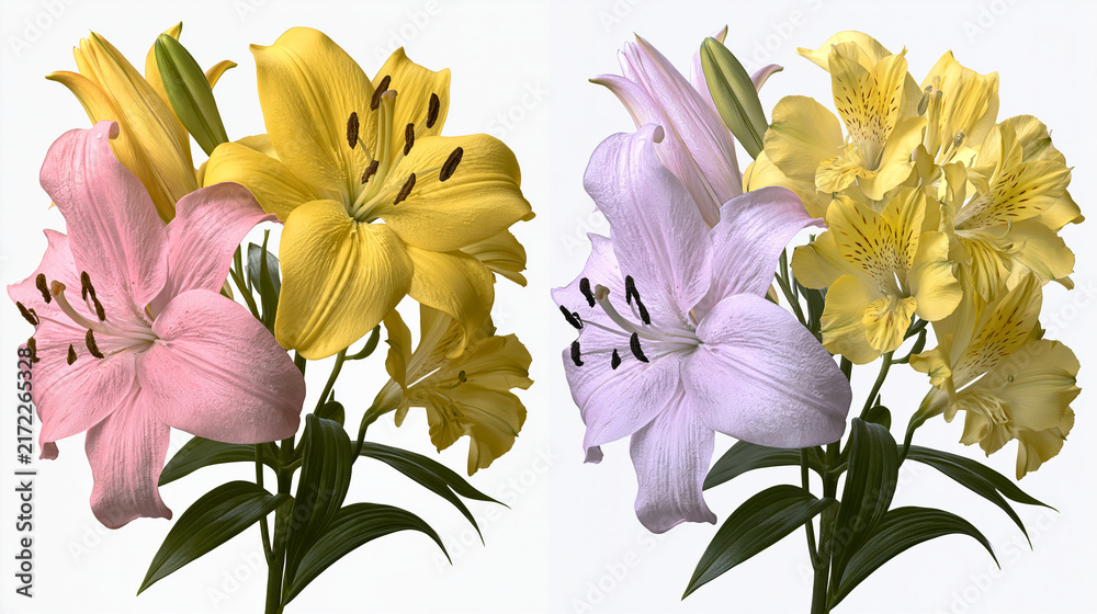 Obraz premium Colorful lily flowers bouquet isolated on a white background with pink lily