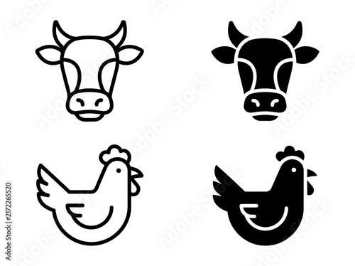 Farm animal head icons cow and chicken in outline and solid styles