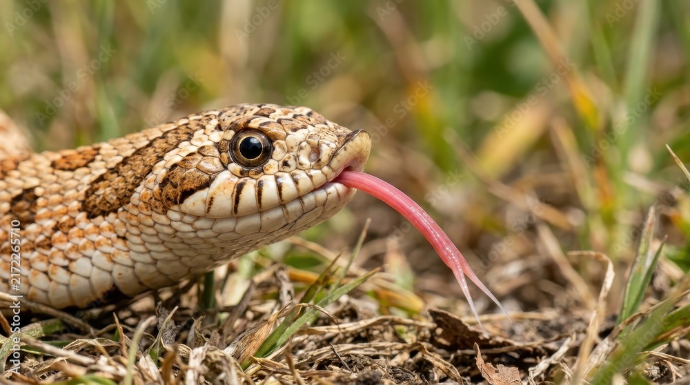 Fototapeta premium Close-up Macro Portrait of a Western Hognose Snake Flicking Its Forked Pink Tongue in the Grass