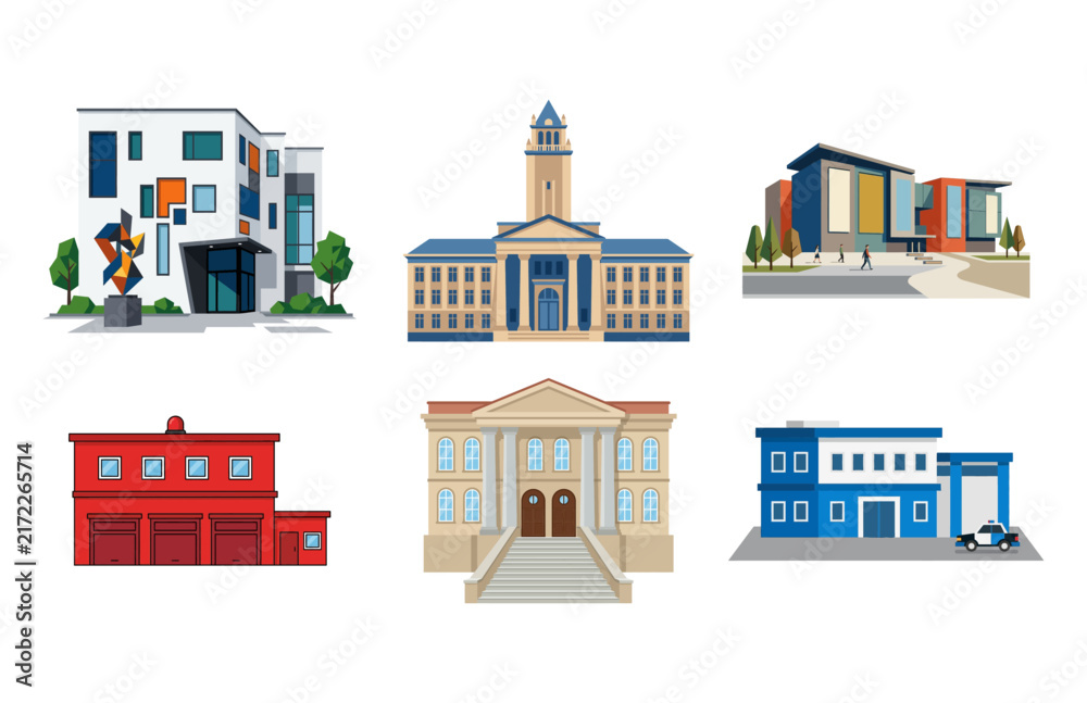 Fototapeta premium A Collection of Various Modern and Traditional Public Building Architectural Illustrations for Urban Planning Design