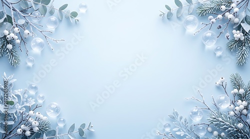 Winter holiday background with frosted eucalyptus leaves and glass bubbles on blue