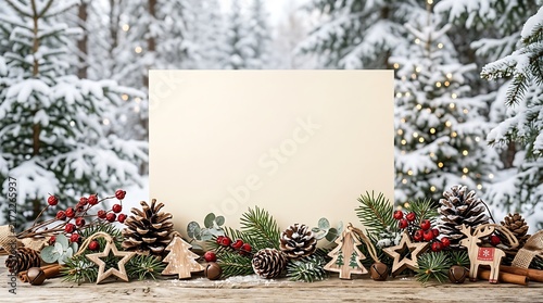 Christmas event invitation mockup with pine cones and snowy forest background outdoor view