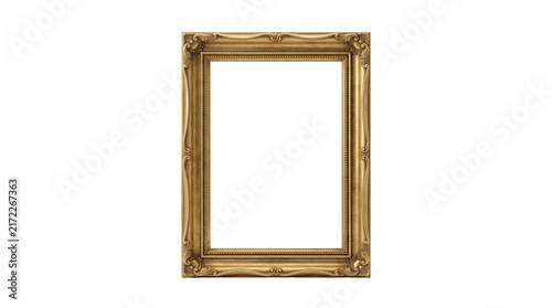 Vintage gold picture frame, ornate baroque wooden border, elegant antique metallic frame isolated on white background
