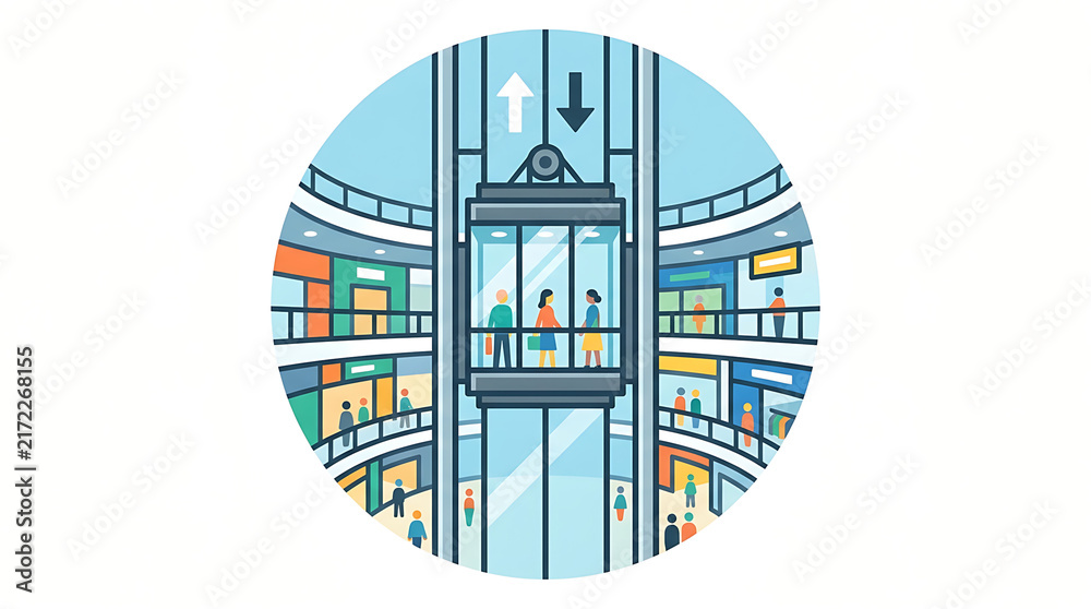 Fototapeta premium Modern shopping mall elevator with people traveling between levels, showcasing retail commerce and vertical movement within a vibrant building.