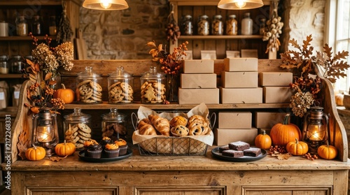Cozy autumn bakery shelf display with cookies boxes and pumpkins